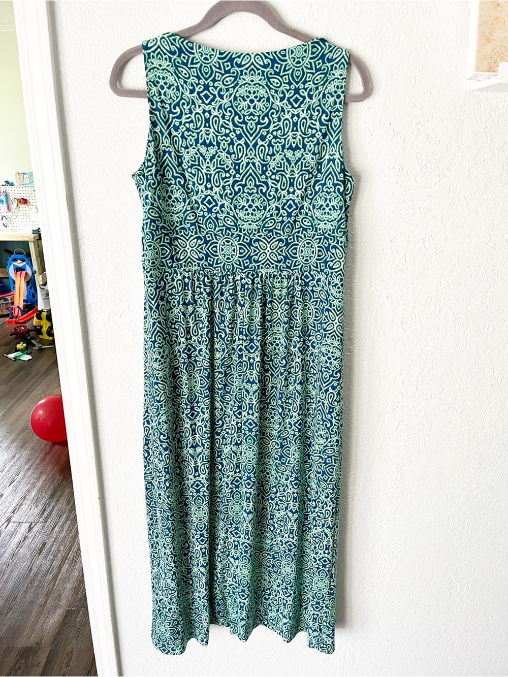 Chaps Maxi Dress Women's XL Blue Green Geometric Jersey Knit Resortwear HEMMED - Picture 2 of 7